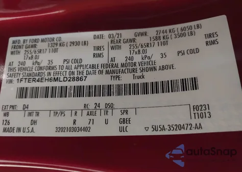 2021 Ford Ranger Lariat z USA, uszkodzony, nr VIN 1FTER4EH6MLD28867